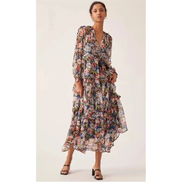 Anthropologie The Marais Printed Chiffon Maxi Dress Floral Sheer Overlay L - Picture 1 of 15